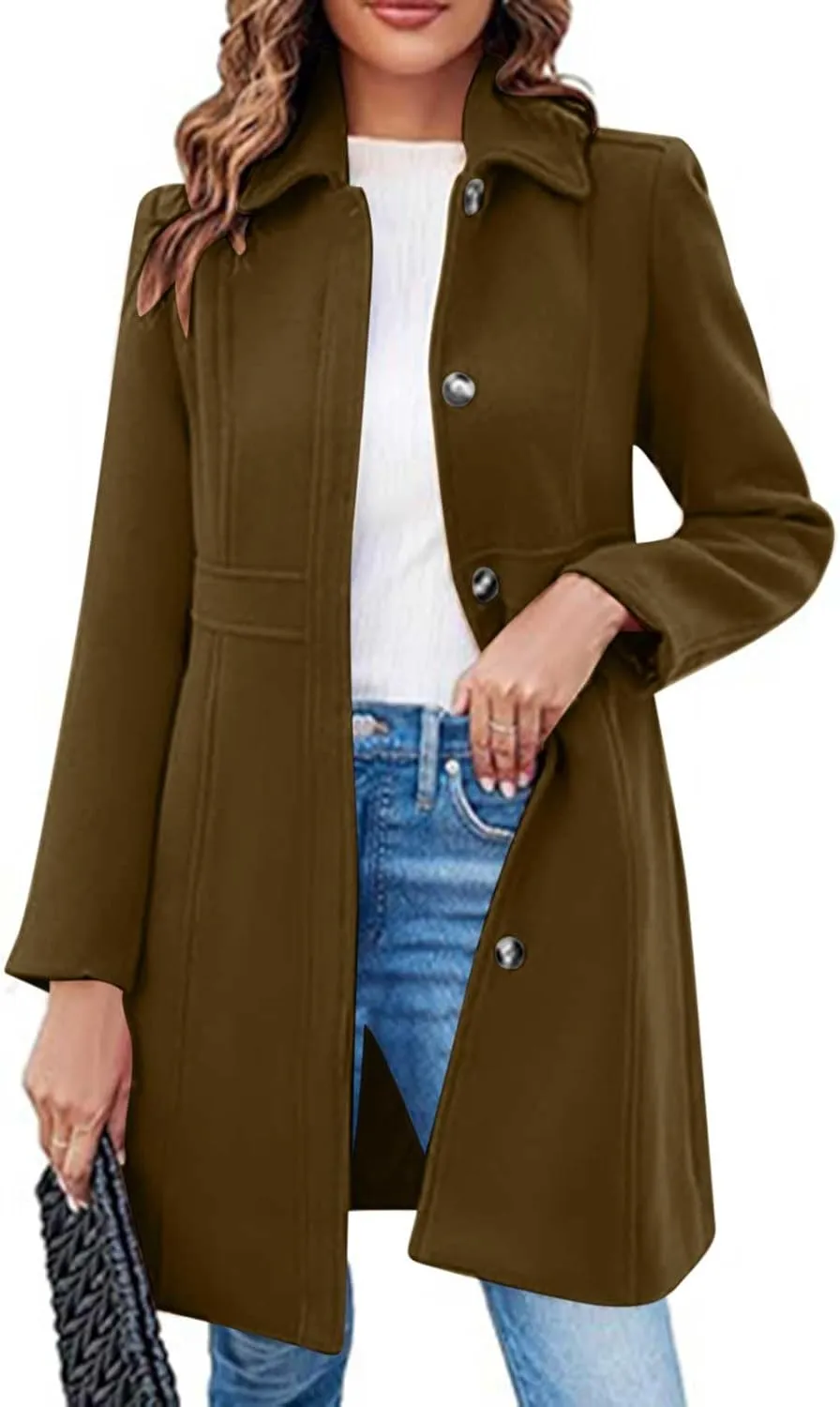 Women Casual Thicken Wool Blend Pea Coat Elegant Long Sleeve Lapel Single Breast Midi Long Trench Coats with Pocket