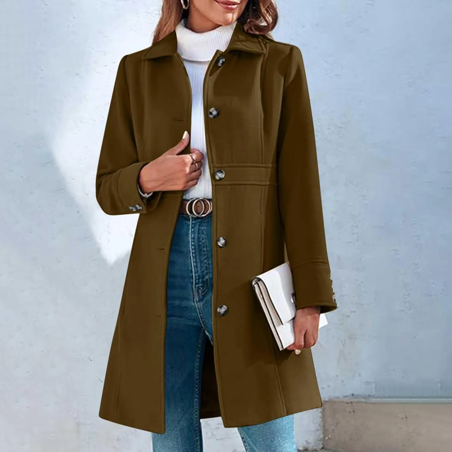 Women Casual Thicken Wool Blend Pea Coat Elegant Long Sleeve Lapel Single Breast Midi Long Trench Coats with Pocket