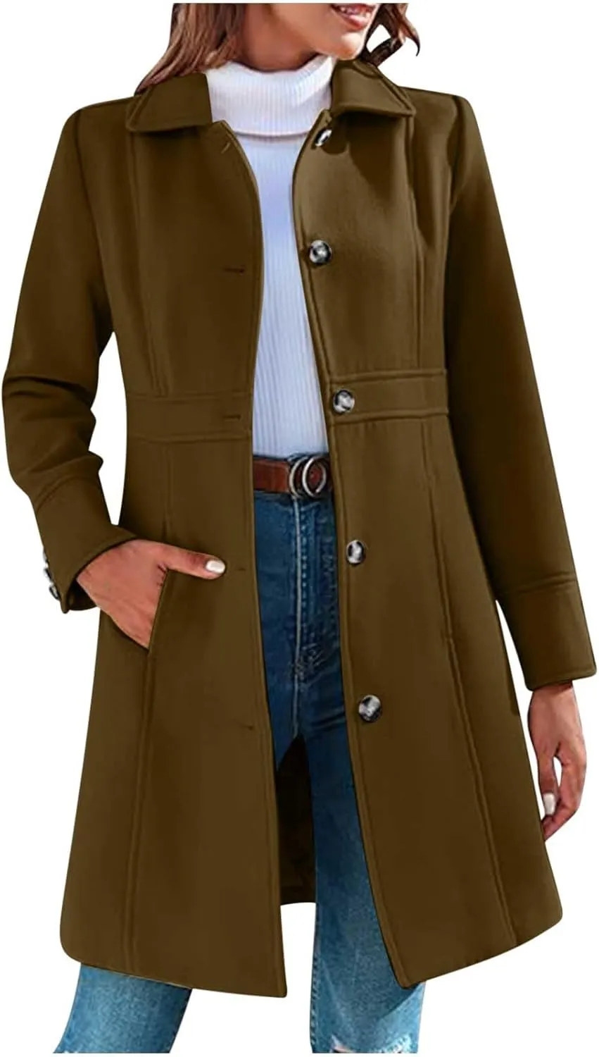 Women Casual Thicken Wool Blend Pea Coat Elegant Long Sleeve Lapel Single Breast Midi Long Trench Coats with Pocket