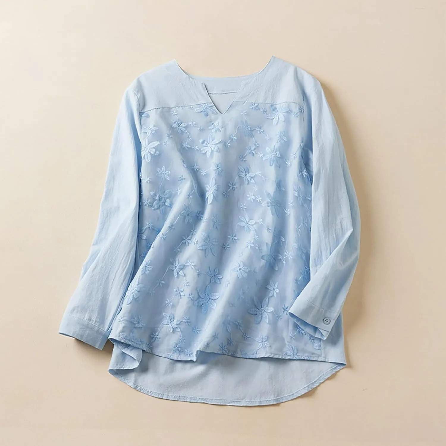 Women Cotton Linen Tops Vintage Floral Embroidered Shirts Summer Casual Long Sleeve V Neck Baggy Boho Peasant Blouse