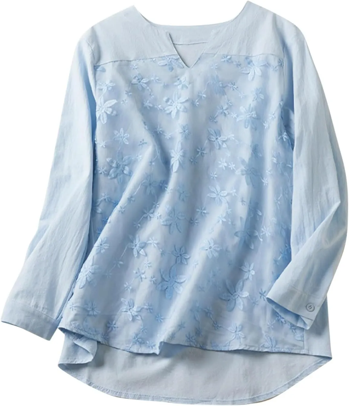 Women Cotton Linen Tops Vintage Floral Embroidered Shirts Summer Casual Long Sleeve V Neck Baggy Boho Peasant Blouse