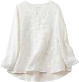 Women Cotton Linen Tops Vintage Floral Embroidered Shirts Summer Casual Long Sleeve V Neck Baggy Boho Peasant Blouse
