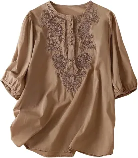 Women Cotton Linen Tops Vintage Floral Embroidered Shirts Summer Casual Long Sleeve V Neck Baggy Boho Peasant Blouse