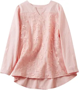 Women Cotton Linen Tops Vintage Floral Embroidered Shirts Summer Casual Long Sleeve V Neck Baggy Boho Peasant Blouse