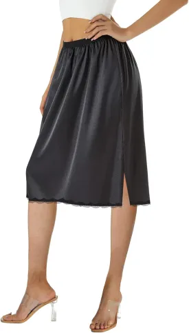 Women Half Slip Underskirt Solid Color Lace Trim Slik Satin Petticoat Short Slip Short Slit Mini Skirt Underdress