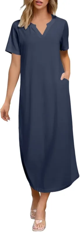 Women Long Maxi Dress Short Sleeve Split Long Tshirt Dress Casual Summer Loose V Neck Sundress with Pockets