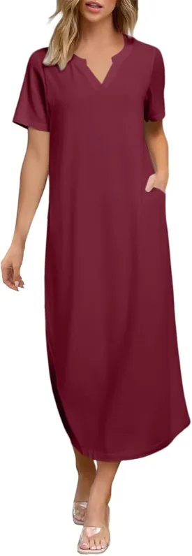 Women Long Maxi Dress Short Sleeve Split Long Tshirt Dress Casual Summer Loose V Neck Sundress with Pockets