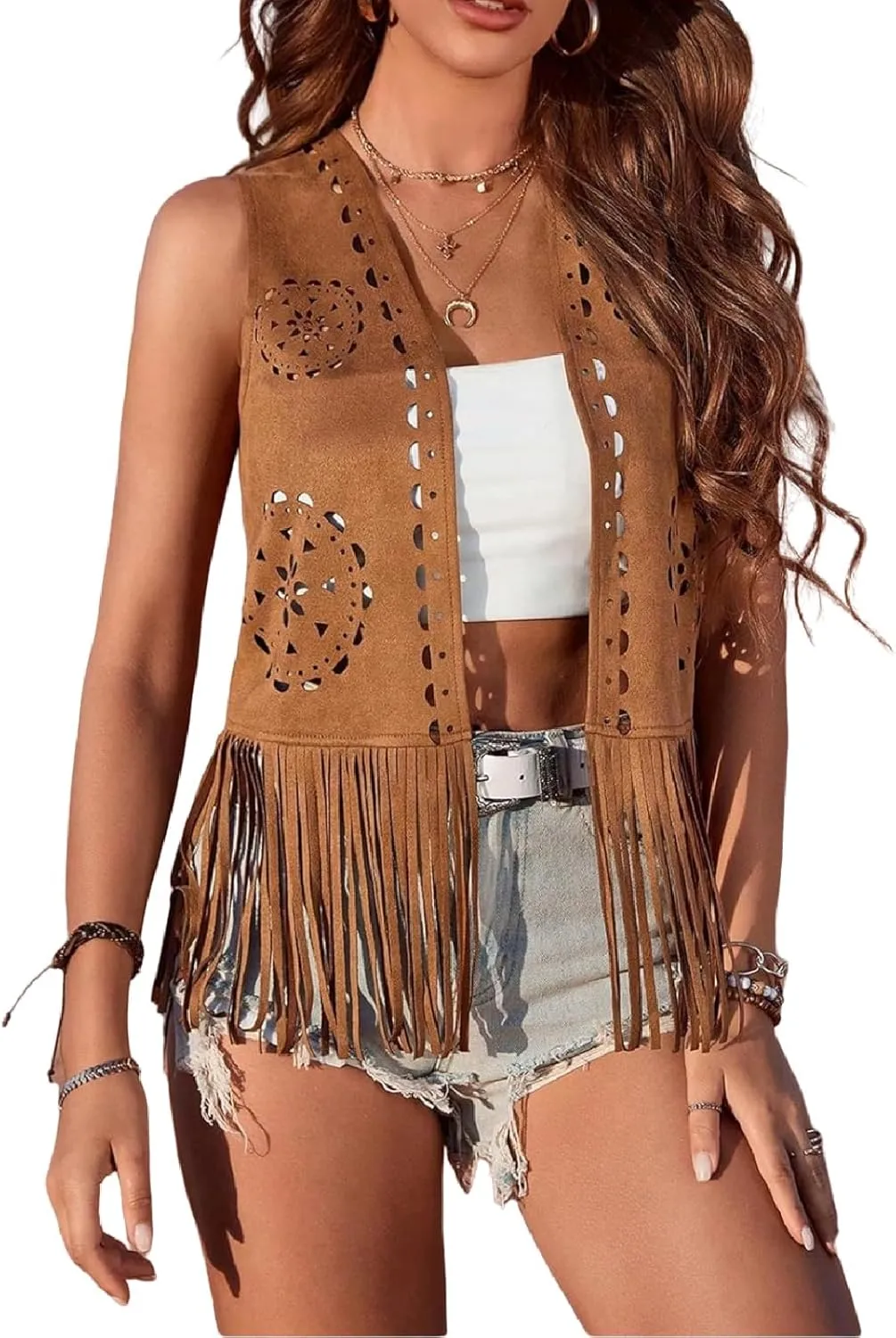Women Tassel Vest 70s Hippie Costume Sleeveless Faux Suede Fringe Boho Western Jacket Cardigan
