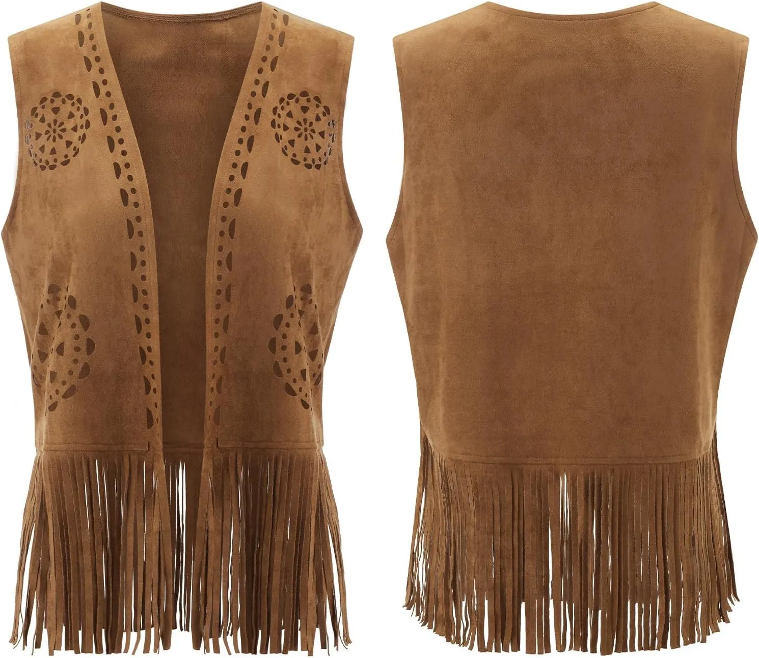 Women Tassel Vest 70s Hippie Costume Sleeveless Faux Suede Fringe Boho Western Jacket Cardigan