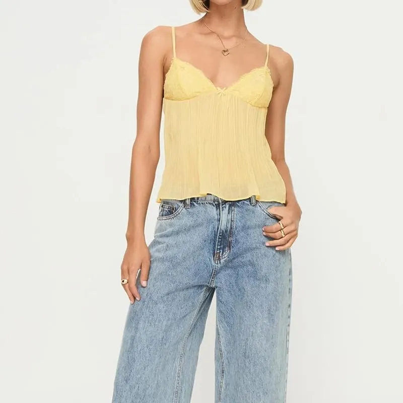 Women Y2k Babydoll Tank Tops Lace Trim V Neck Crop Cami Spaghetti Strap Peplum Top Summer Cute Aesthetic Flowy Shirts