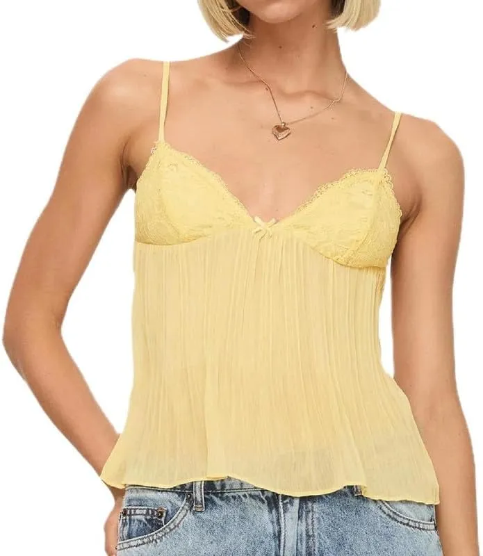 Women Y2k Babydoll Tank Tops Lace Trim V Neck Crop Cami Spaghetti Strap Peplum Top Summer Cute Aesthetic Flowy Shirts