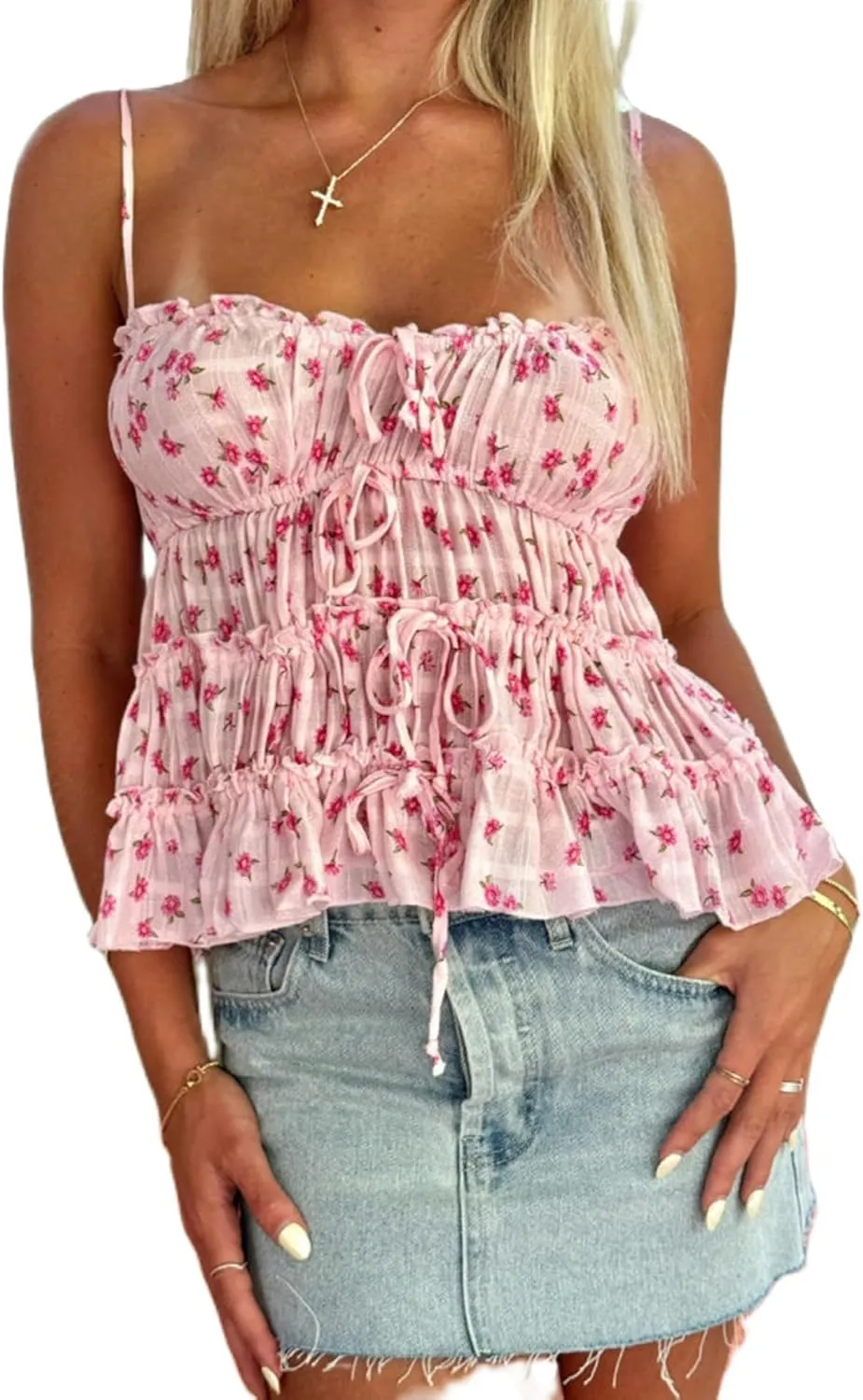 Women Y2k Floral Tank Top Spaghetti Strap Backless Ruffle Ruched Crop Top Flowy Peplum Babydoll Tops Streetwear