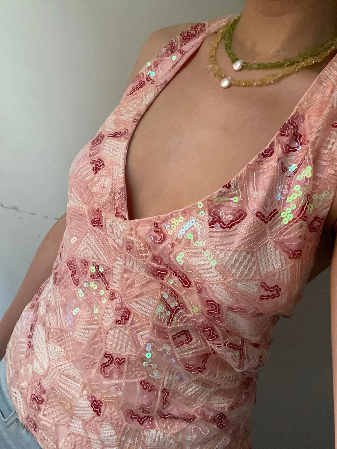 Women Y2K Sequin Lace Camisole Coquette V Neck Tie Up Halter Cami Crop Top Summer Beach Vacation Backless Tank Top