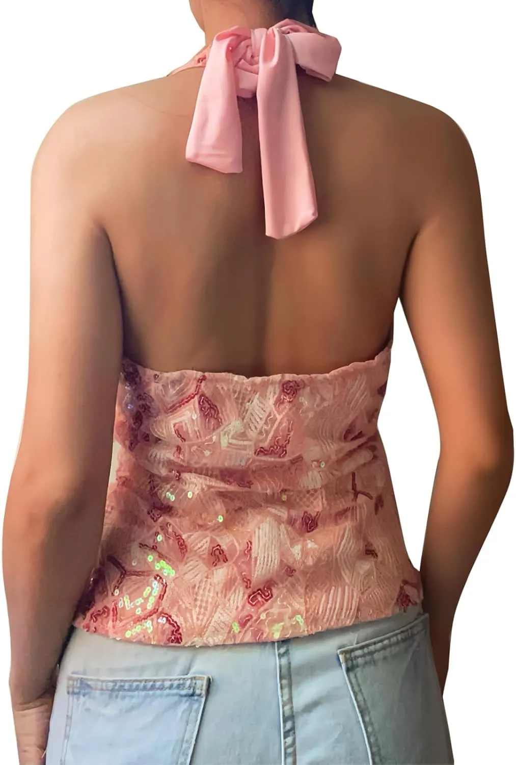 Women Y2K Sequin Lace Camisole Coquette V Neck Tie Up Halter Cami Crop Top Summer Beach Vacation Backless Tank Top