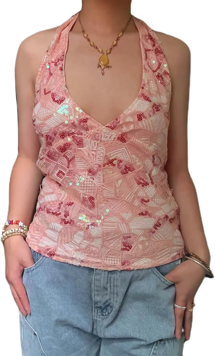 Women Y2K Sequin Lace Camisole Coquette V Neck Tie Up Halter Cami Crop Top Summer Beach Vacation Backless Tank Top