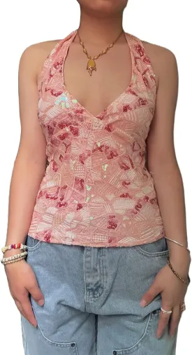 Women Y2K Sequin Lace Camisole Coquette V Neck Tie Up Halter Cami Crop Top Summer Beach Vacation Backless Tank Top