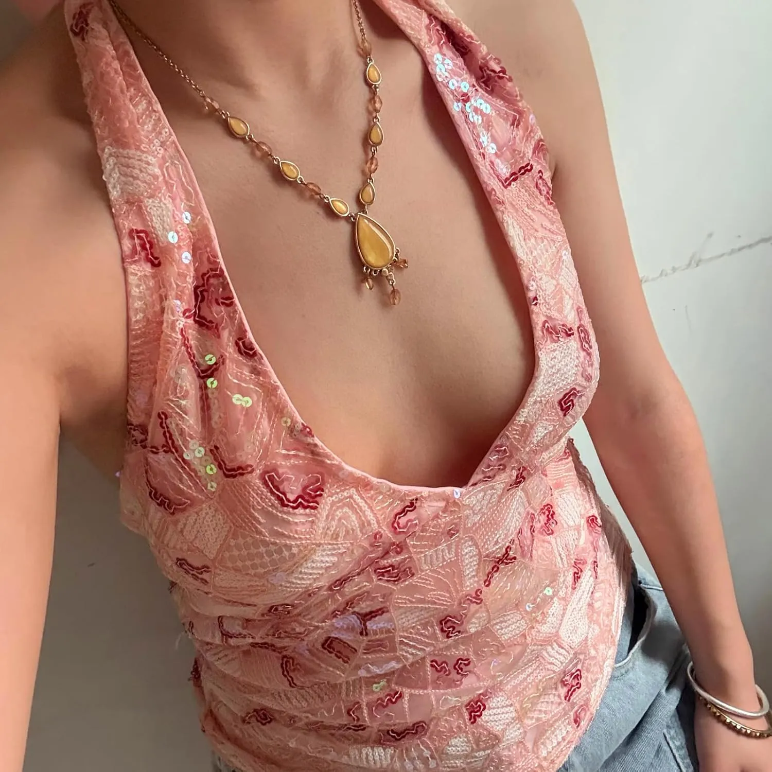 Women Y2K Sequin Lace Camisole Coquette V Neck Tie Up Halter Cami Crop Top Summer Beach Vacation Backless Tank Top