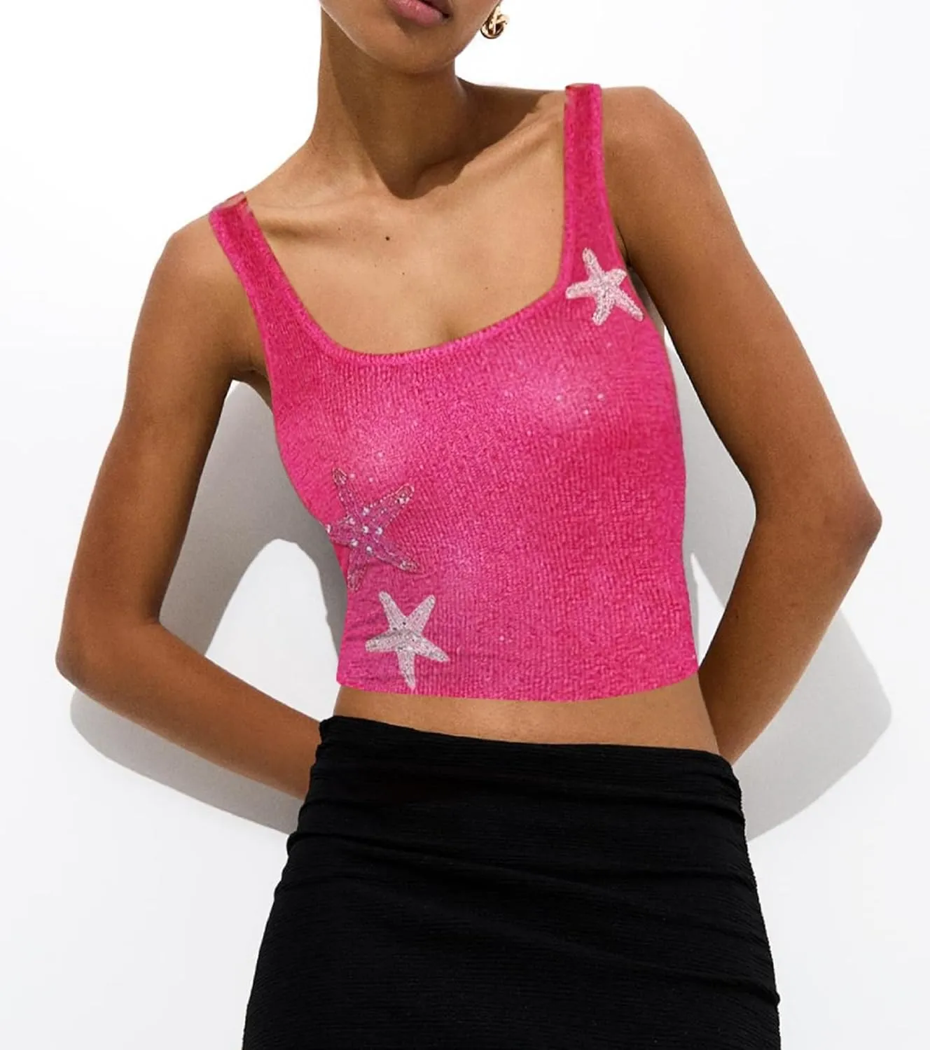 Women Y2K Sequin Starfish Tank Top Sleeveless Glitter Knit Crop Cami Top Sparkly Star Print Going Out Vest Streewear