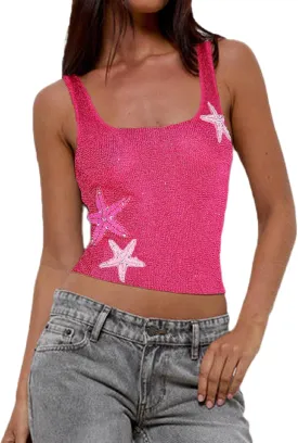 Women Y2K Sequin Starfish Tank Top Sleeveless Glitter Knit Crop Cami Top Sparkly Star Print Going Out Vest Streewear