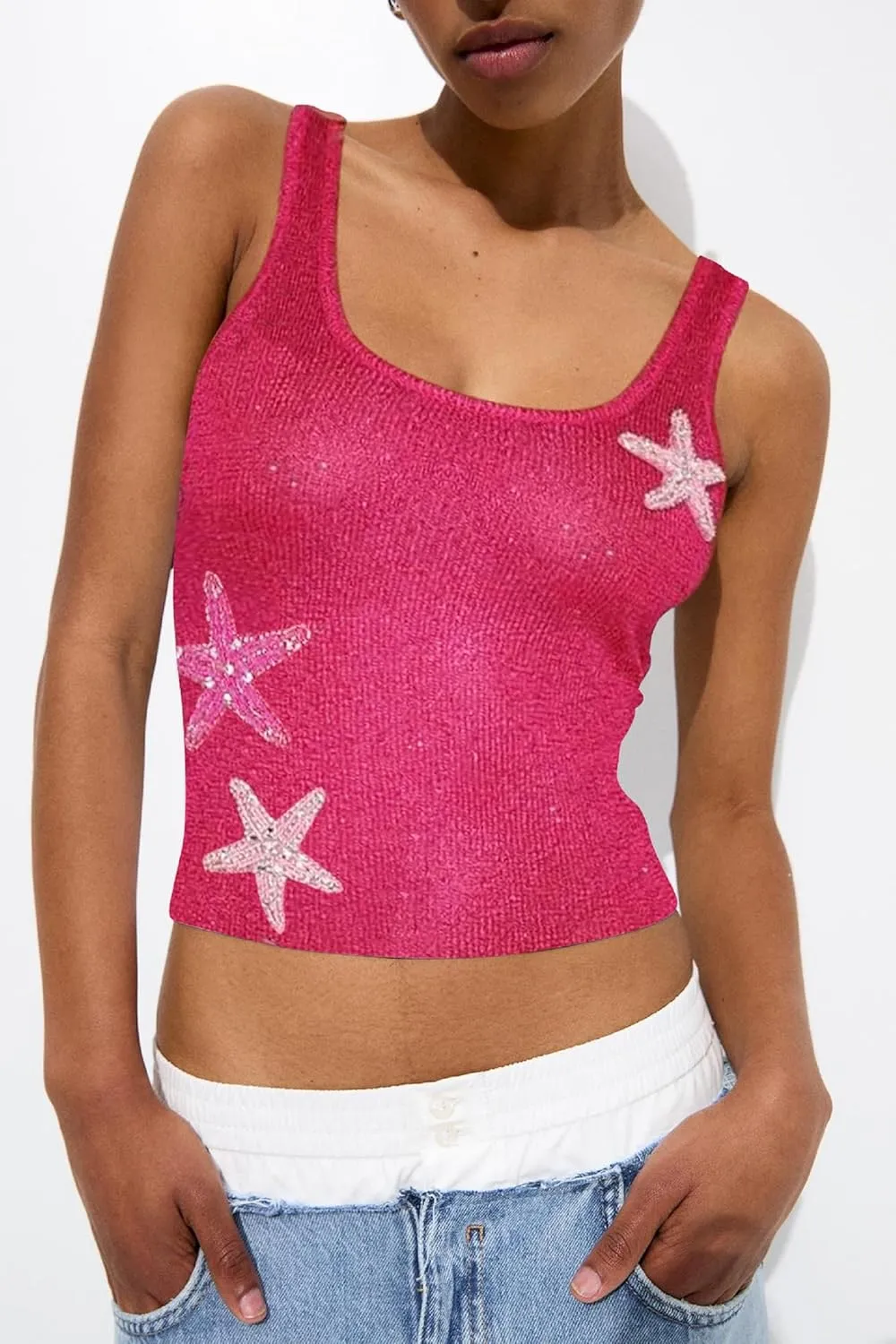 Women Y2K Sequin Starfish Tank Top Sleeveless Glitter Knit Crop Cami Top Sparkly Star Print Going Out Vest Streewear