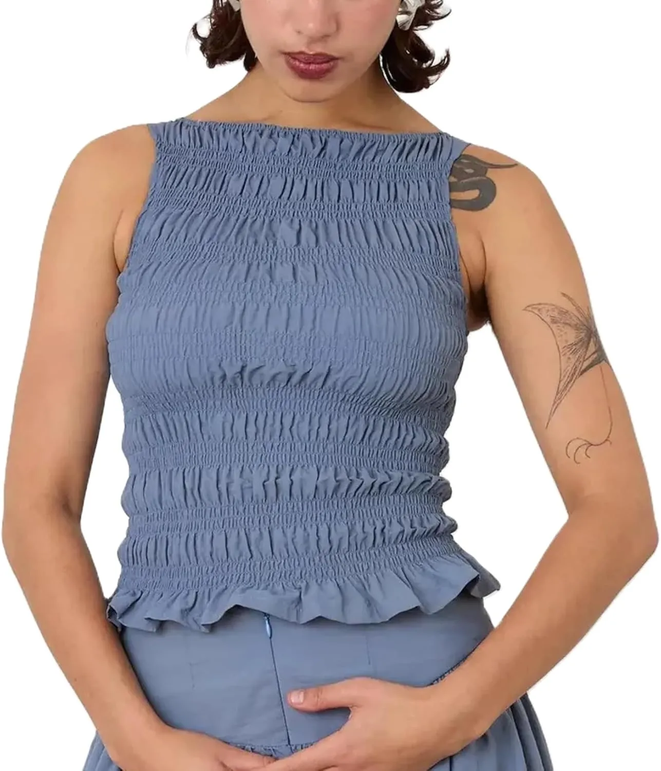 Women Y2K Shirred Tank Top Sleeveless Crewneck Frill Smocked Ruffle Crop Top Ruched Pelpum Going Out Tops