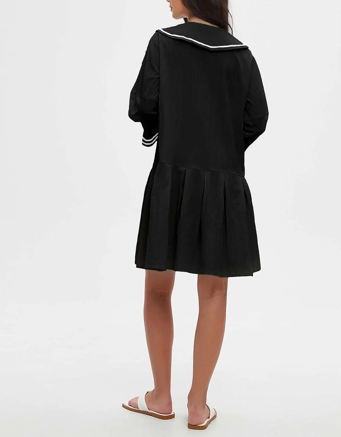 Women's 3/4 Sleeve Collar V Neck Mini Dress Pleated A Line Swing Short Dress Summer Loose Pleated Babydoll Dress