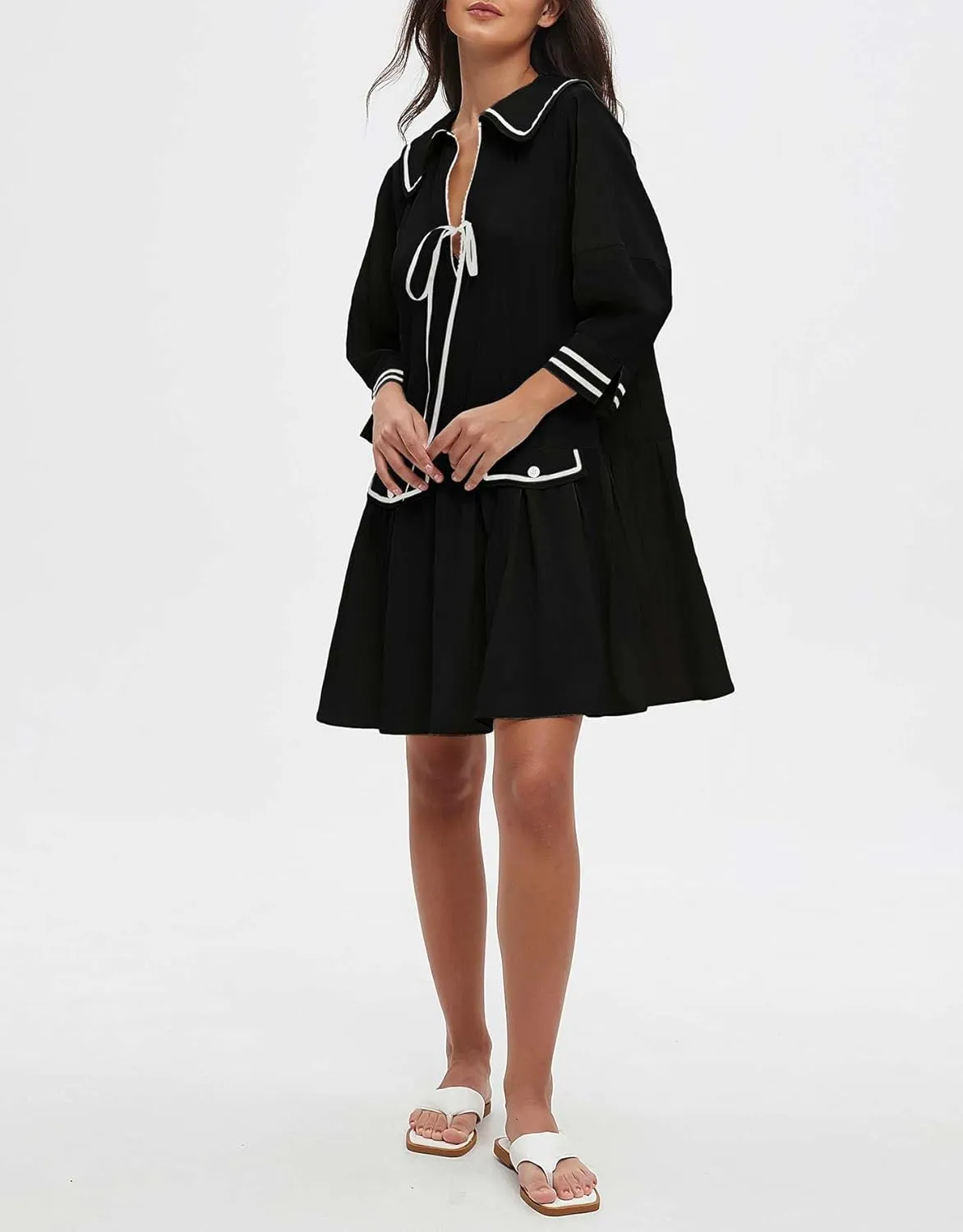 Women's 3/4 Sleeve Collar V Neck Mini Dress Pleated A Line Swing Short Dress Summer Loose Pleated Babydoll Dress