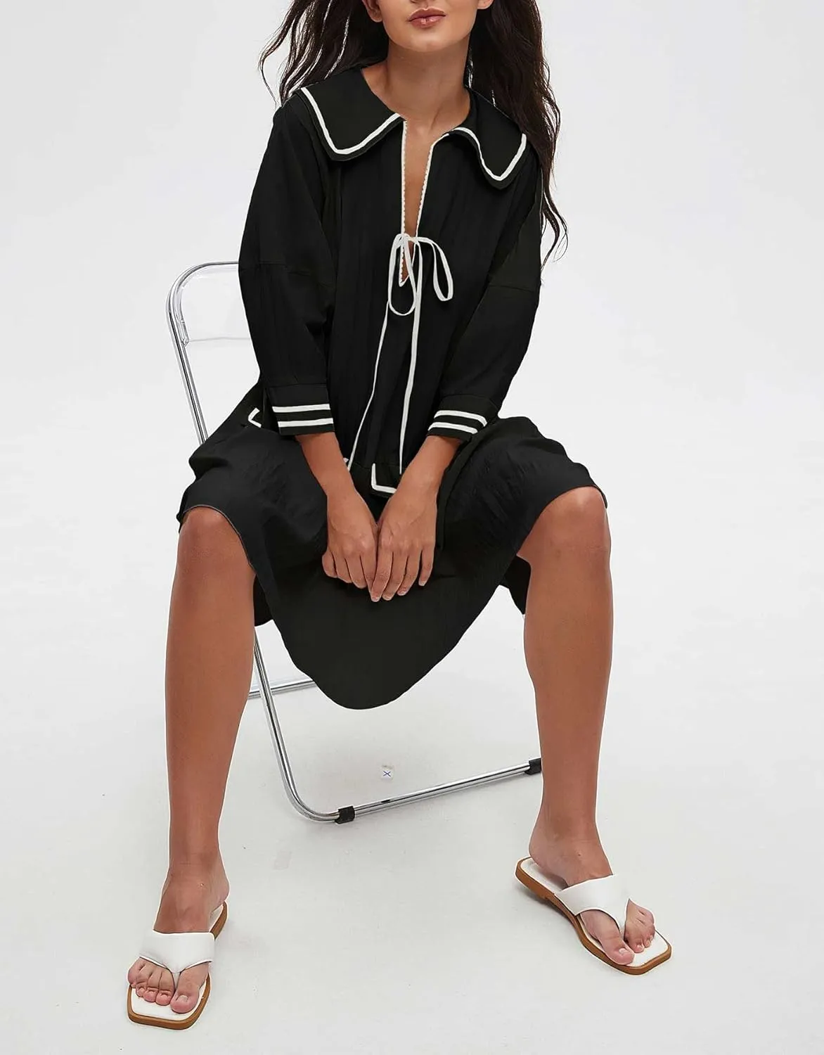 Women's 3/4 Sleeve Collar V Neck Mini Dress Pleated A Line Swing Short Dress Summer Loose Pleated Babydoll Dress