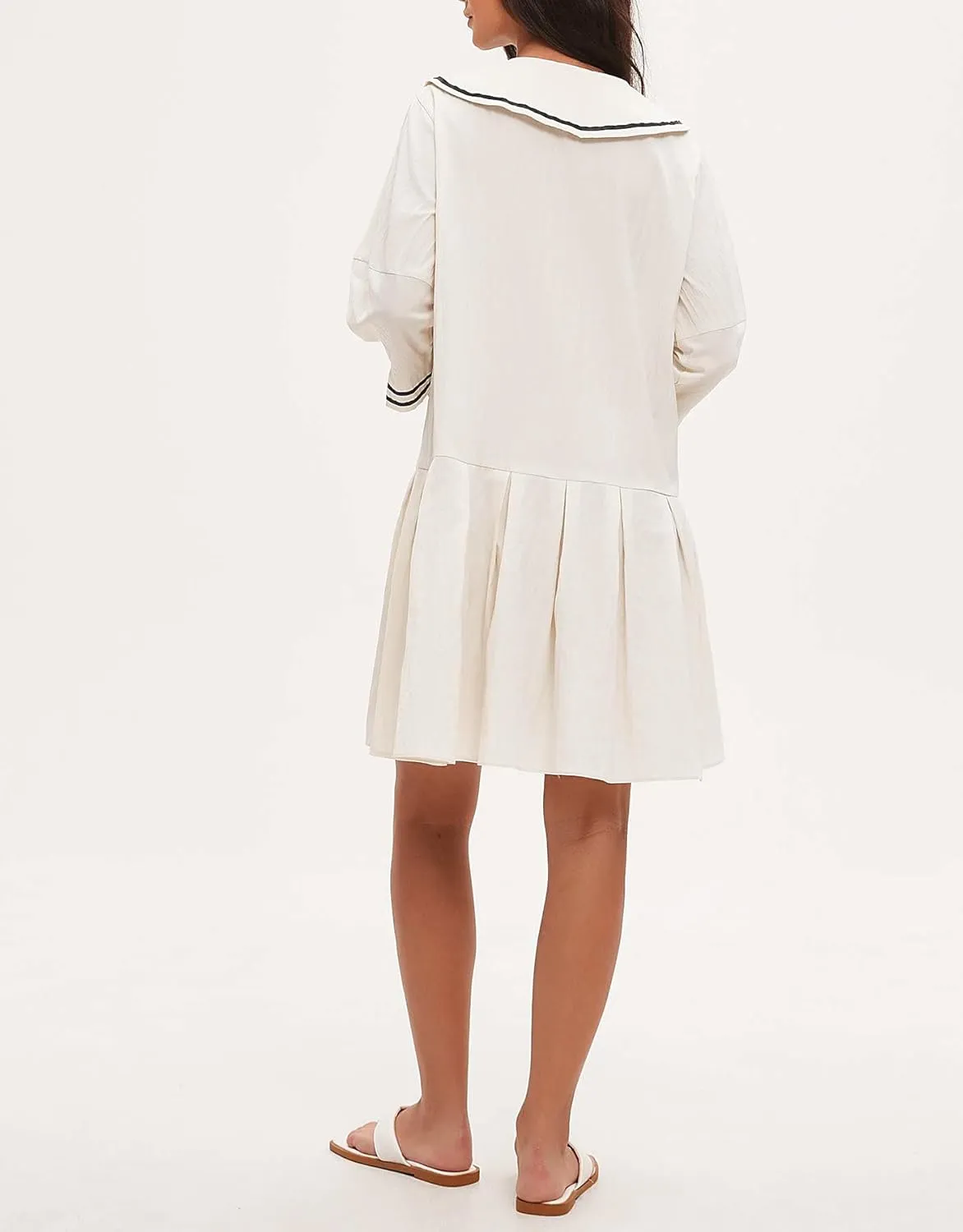 Women's 3/4 Sleeve Collar V Neck Mini Dress Pleated A Line Swing Short Dress Summer Loose Pleated Babydoll Dress