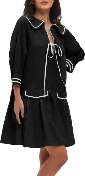 Women's 3/4 Sleeve Collar V Neck Mini Dress Pleated A Line Swing Short Dress Summer Loose Pleated Babydoll Dress