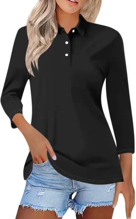 Womens 3/4 Sleeve Polo Shirts Business Casual V Neck Lapel Collar Button Down Work Polos Plus Size Basic Cute Tees