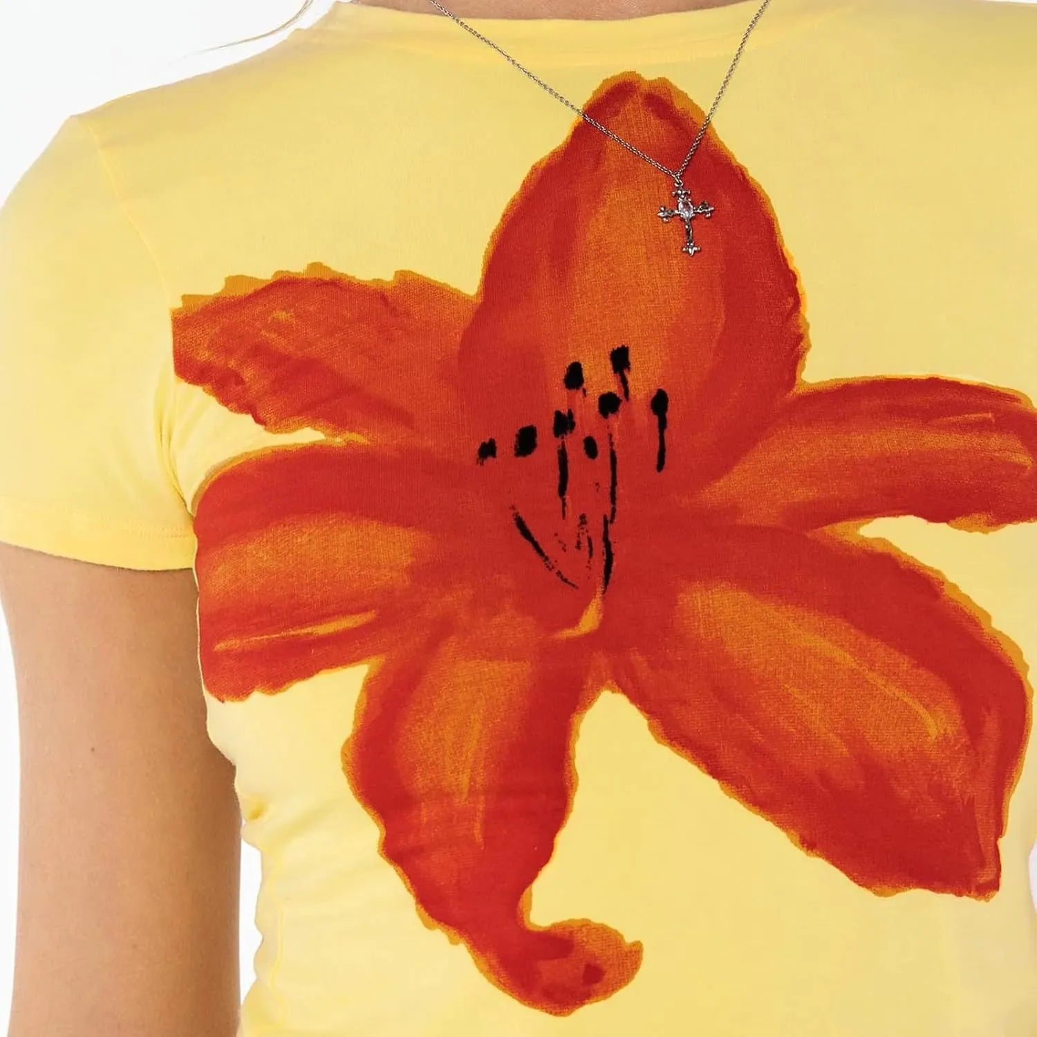 Womens Baby Tees Flower Graphic Print Y2k Tops Flower Aesthetic Slim Fit Crop Top