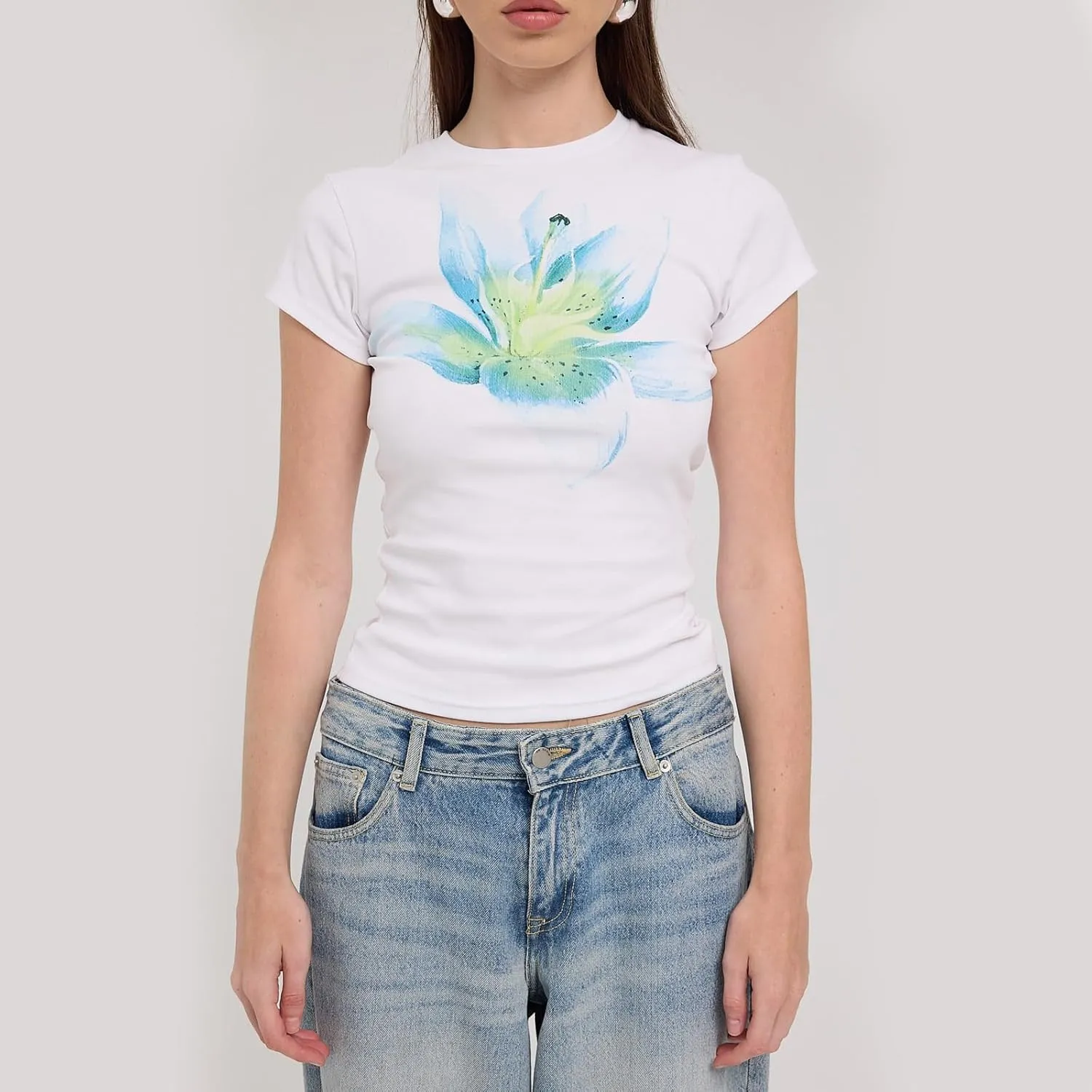 Womens Baby Tees Flower Graphic Print Y2k Tops Flower Aesthetic Slim Fit Crop Top