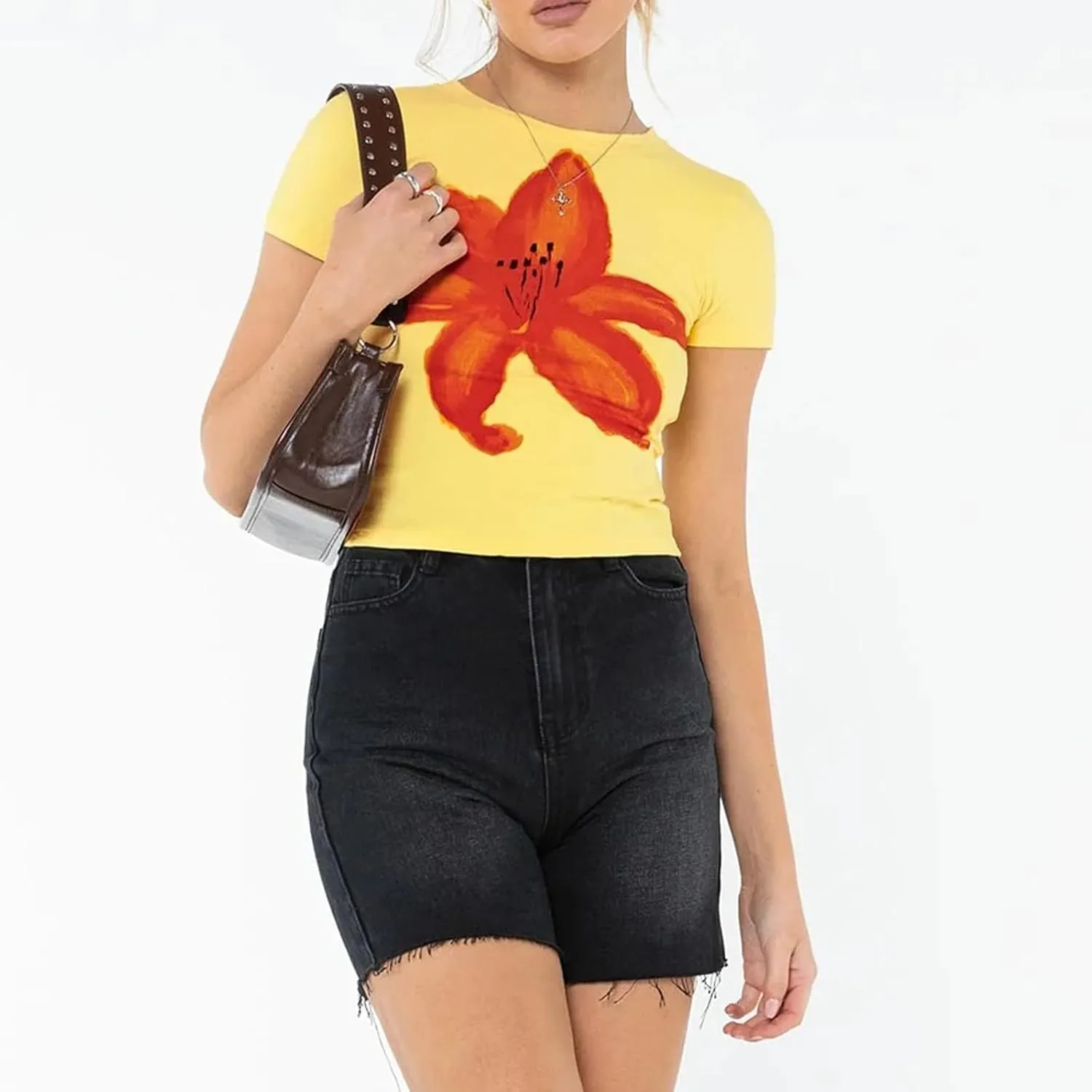 Womens Baby Tees Flower Graphic Print Y2k Tops Flower Aesthetic Slim Fit Crop Top