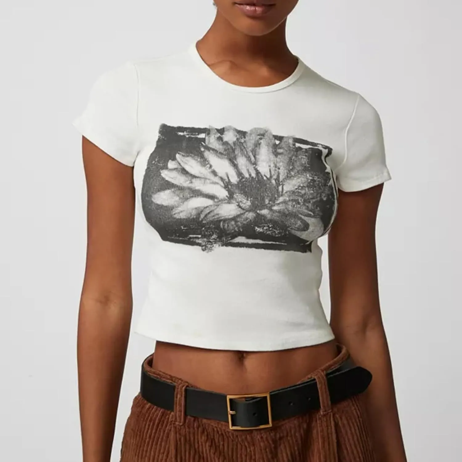 Womens Baby Tees Flower Graphic Print Y2k Tops Flower Aesthetic Slim Fit Crop Top