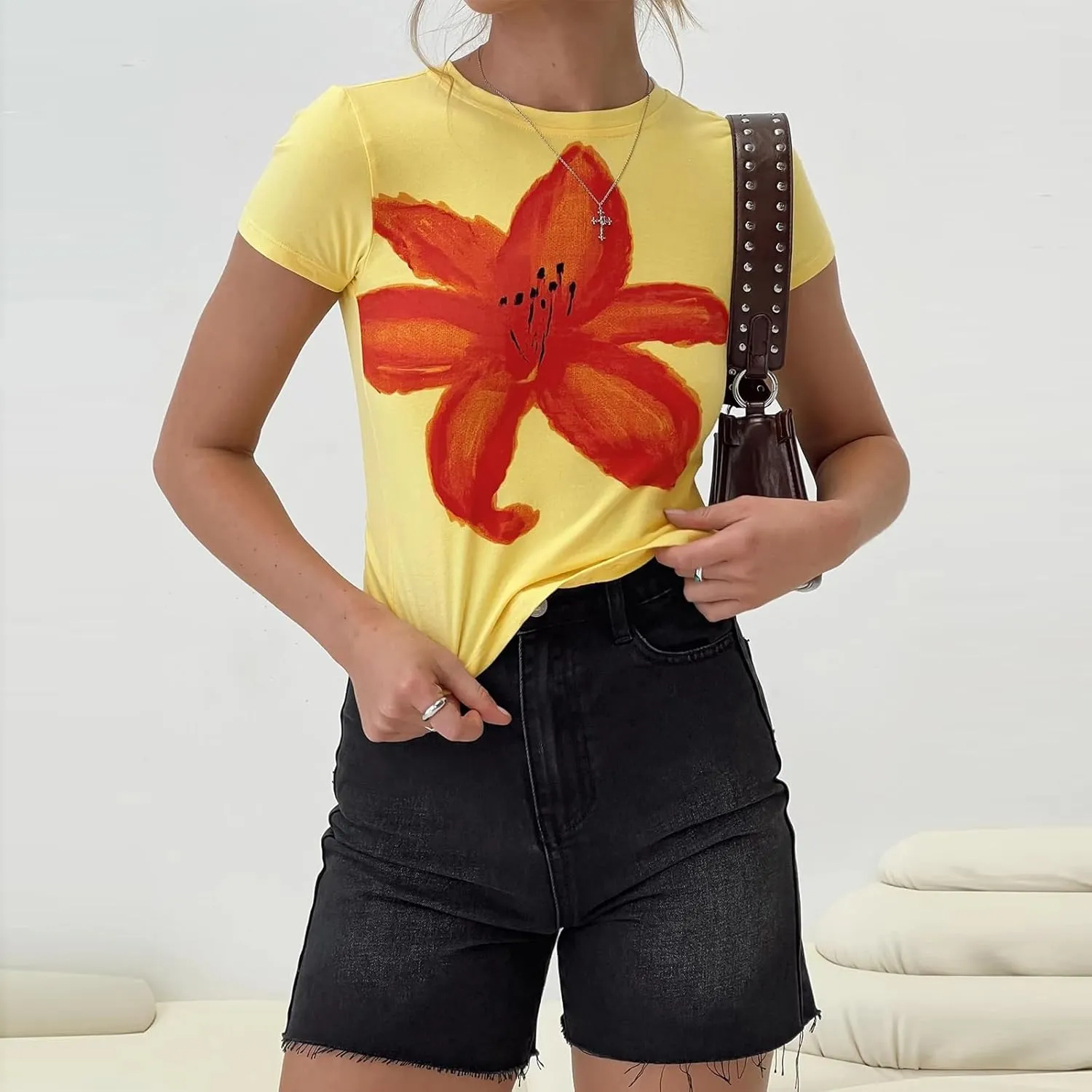 Womens Baby Tees Flower Graphic Print Y2k Tops Flower Aesthetic Slim Fit Crop Top