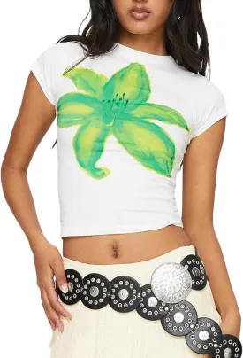 Womens Baby Tees Flower Graphic Print Y2k Tops Flower Aesthetic Slim Fit Crop Top