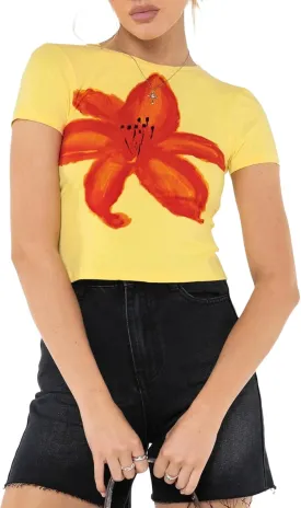 Womens Baby Tees Flower Graphic Print Y2k Tops Flower Aesthetic Slim Fit Crop Top
