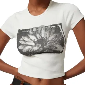 Womens Baby Tees Flower Graphic Print Y2k Tops Flower Aesthetic Slim Fit Crop Top