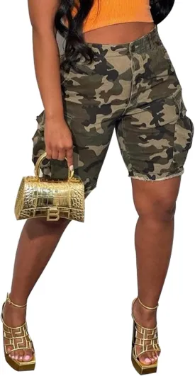 Women's Camo Cargo Shorts High Waisted Army Fatigue Shorts Camouflage Denim Short Pants Mid-Length