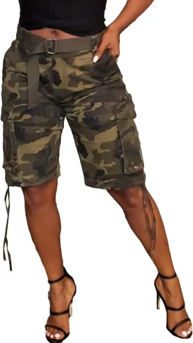 Women's Camo Cargo Shorts High Waisted Army Fatigue Shorts Camouflage Denim Short Pants Mid-Length