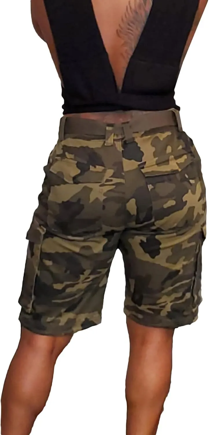 Women's Camo Cargo Shorts High Waisted Army Fatigue Shorts Camouflage Denim Short Pants Mid-Length