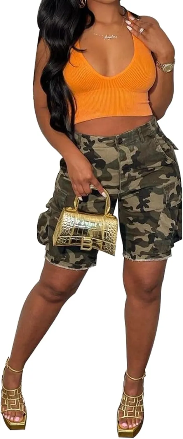 Women's Camo Cargo Shorts High Waisted Army Fatigue Shorts Camouflage Denim Short Pants Mid-Length