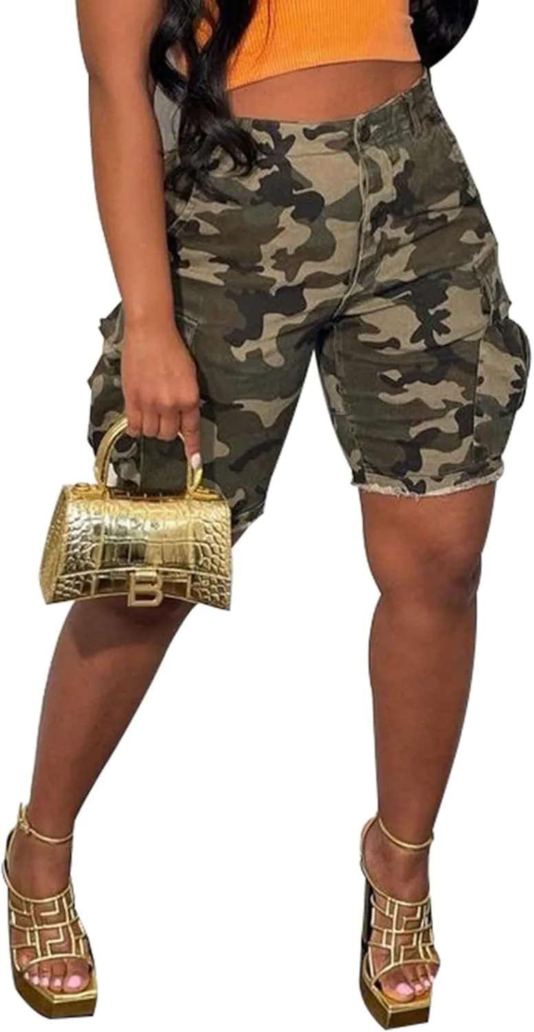Women's Camo Cargo Shorts High Waisted Army Fatigue Shorts Camouflage Denim Short Pants Mid-Length