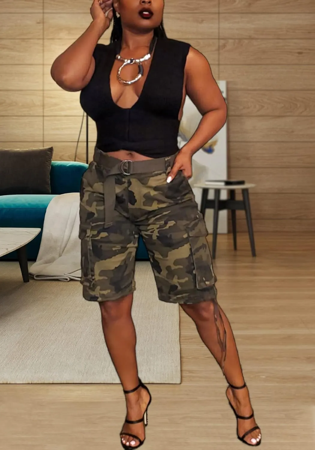 Women's Camo Cargo Shorts High Waisted Army Fatigue Shorts Camouflage Denim Short Pants Mid-Length