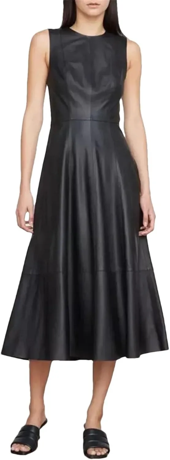 Women's Genuine Leather Skirt Dress - High Waist Umbrella Hem Evening Vestido