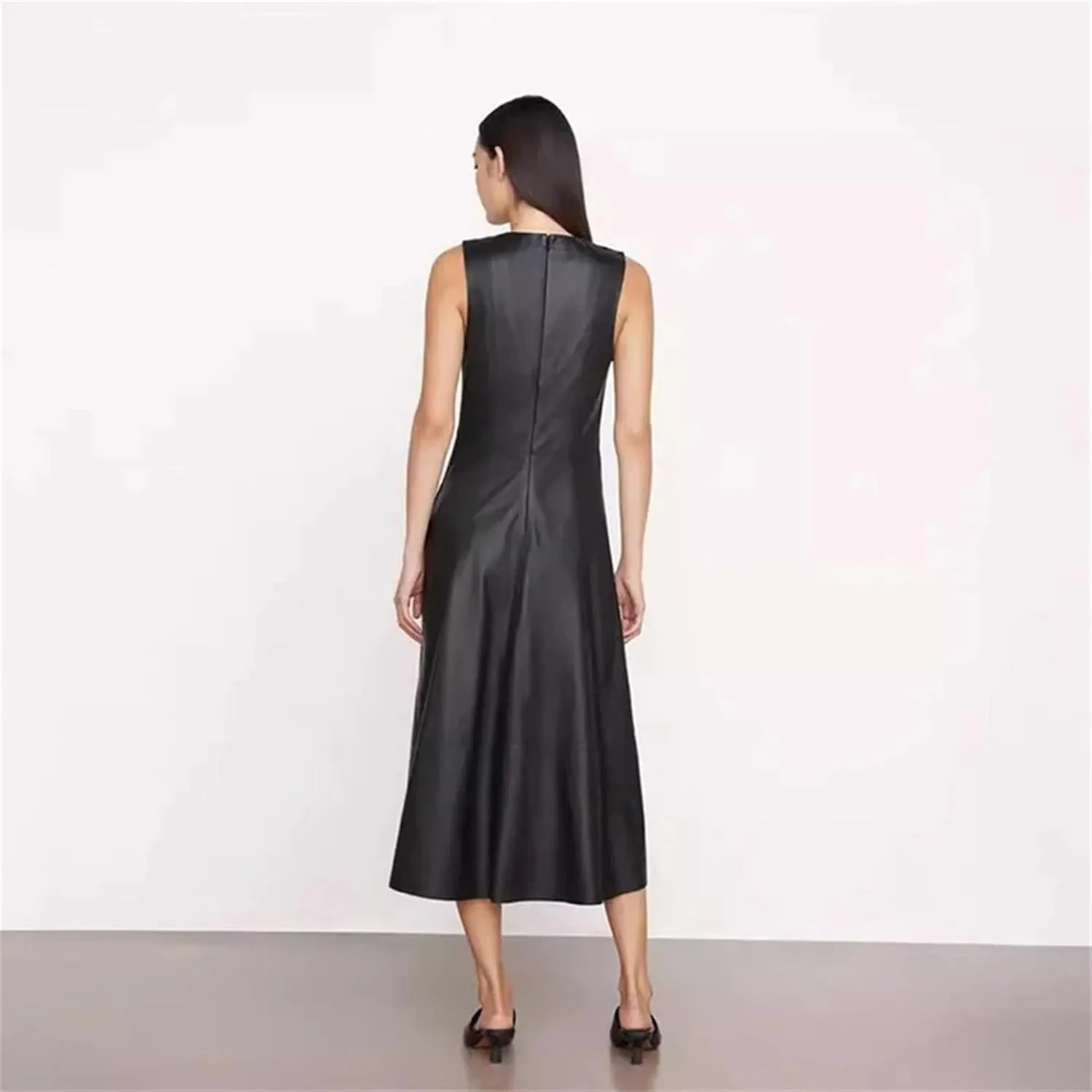 Women's Genuine Leather Skirt Dress - High Waist Umbrella Hem Evening Vestido