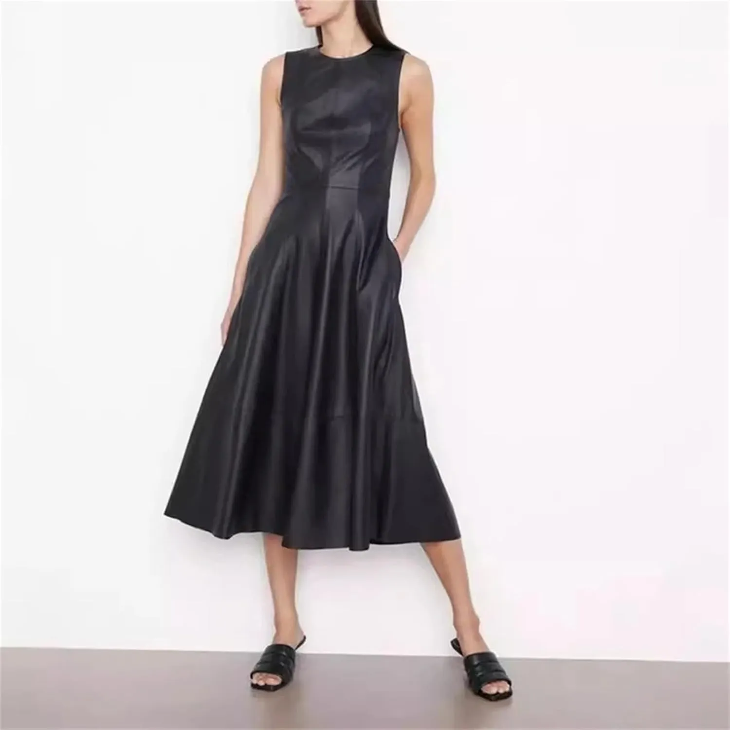 Women's Genuine Leather Skirt Dress - High Waist Umbrella Hem Evening Vestido