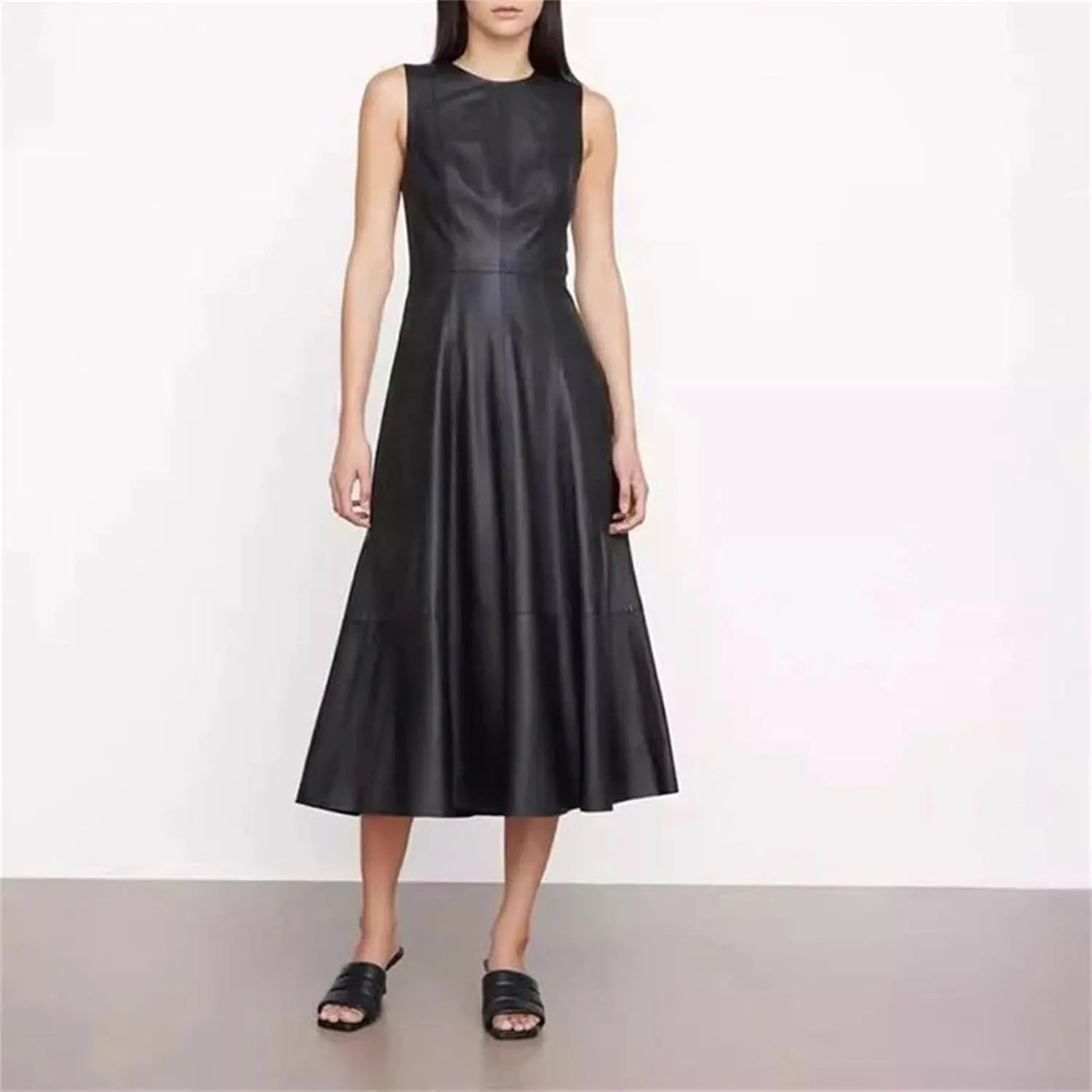 Women's Genuine Leather Skirt Dress - High Waist Umbrella Hem Evening Vestido