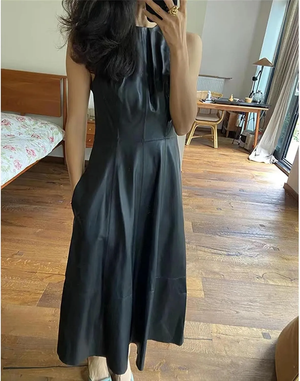 Women's Genuine Leather Skirt Dress - High Waist Umbrella Hem Evening Vestido